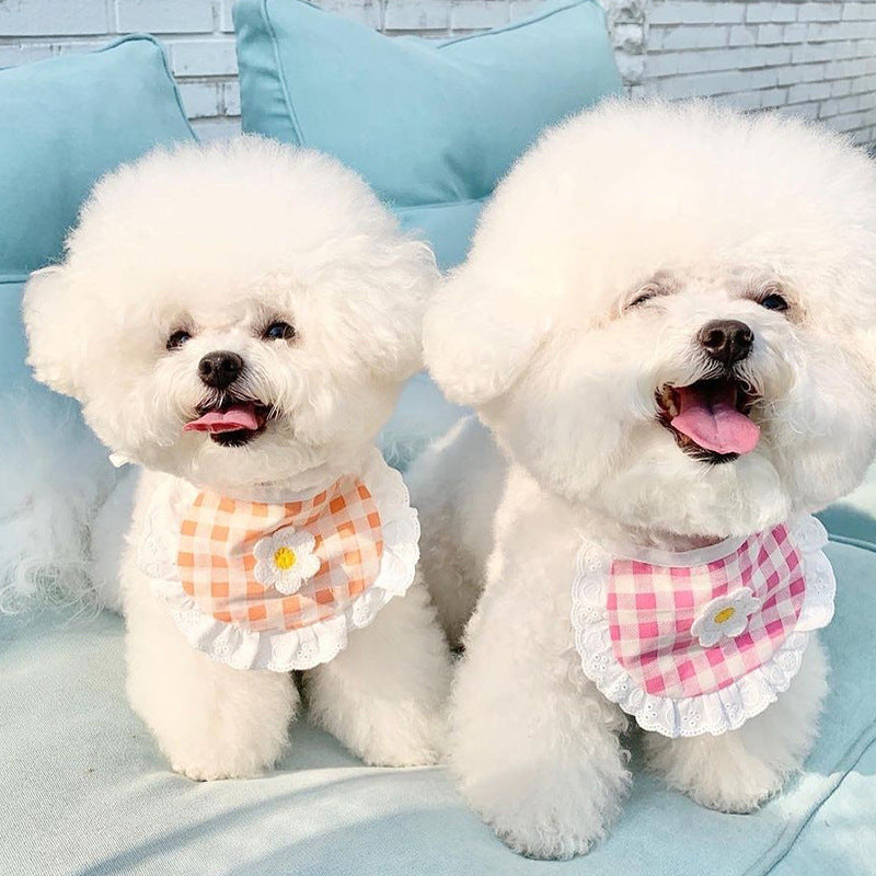 Cute Puppy Dog Plaid Flower Bib Pet Saliva Towel