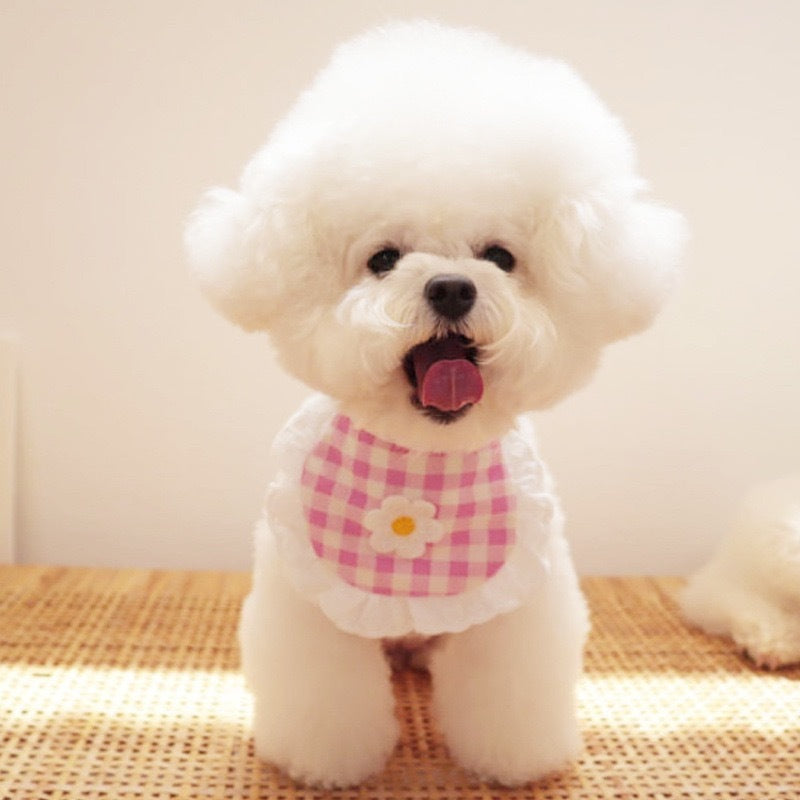 Cute Puppy Dog Plaid Flower Bib Pet Saliva Towel